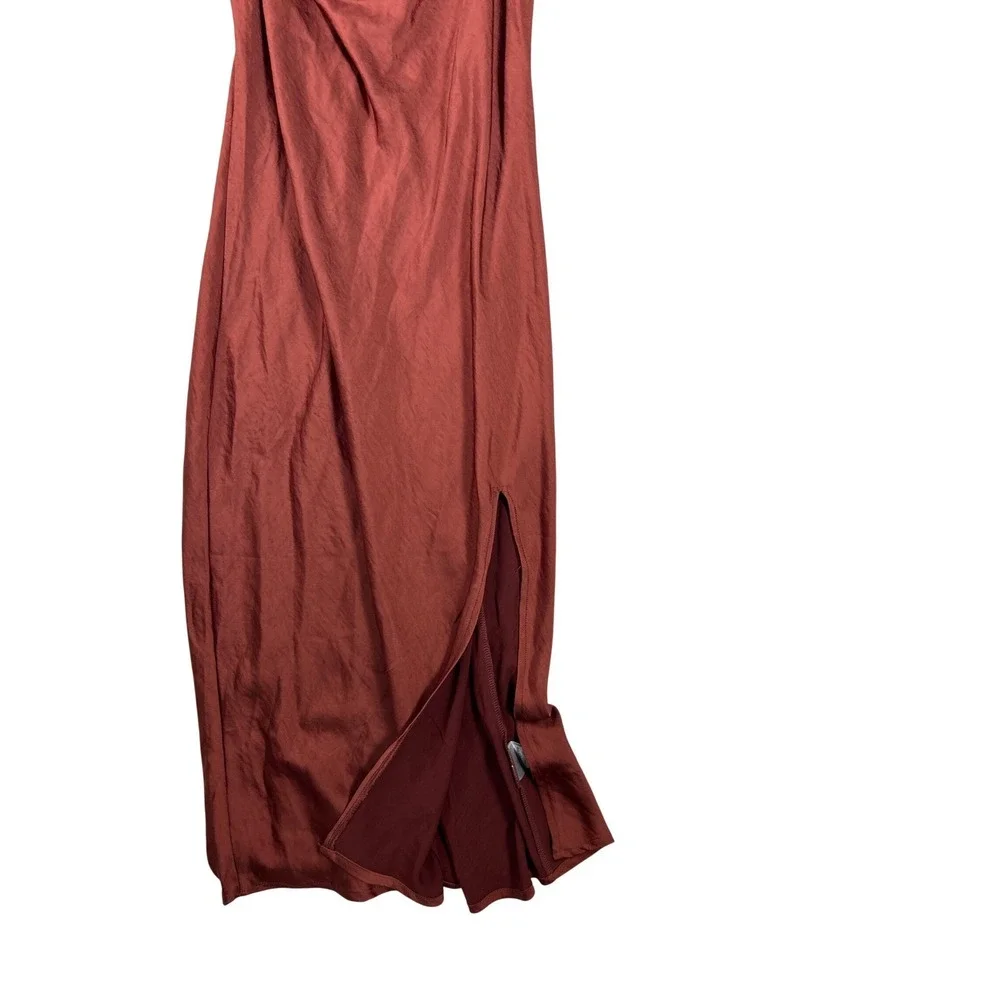 Justify Rust‎ Brown Cowl Neck Satin Midi Slip Dress with Side Slit Size L NEW